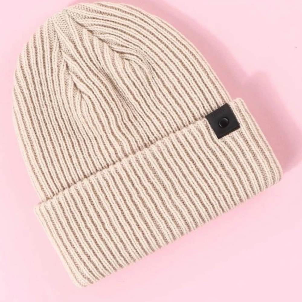 Ribbed Knit Beanie With Snap Button Detail, Beige
